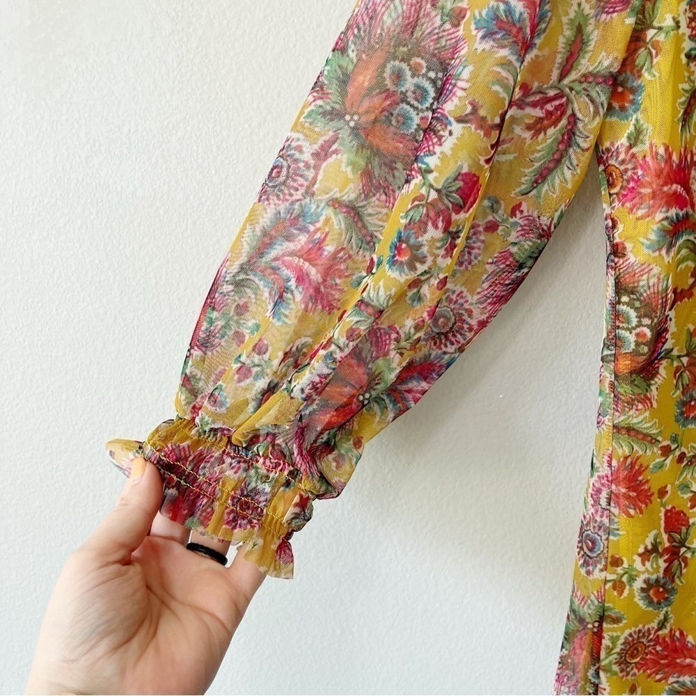By Anthropologie Medium Gretchen Smocked Floral Print Tunic Top Mesh Mustard - Picture 6 of 11
